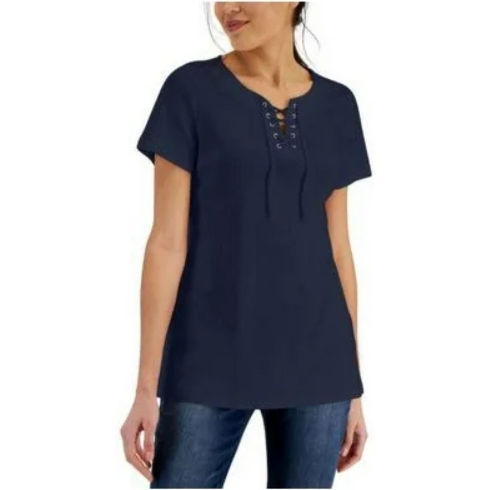 Karen Scott Lace-Up T-Shirt Short Sleeve Casual‎ Top  Navy Blue Size M NWT $38